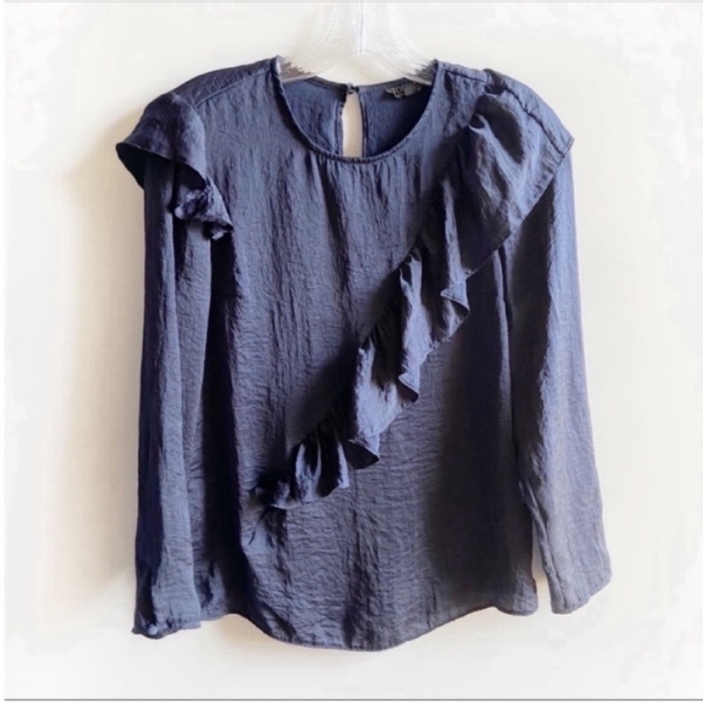 Topshop shirt navy blue satin ruffle long sleeves - Picture 2 of 9